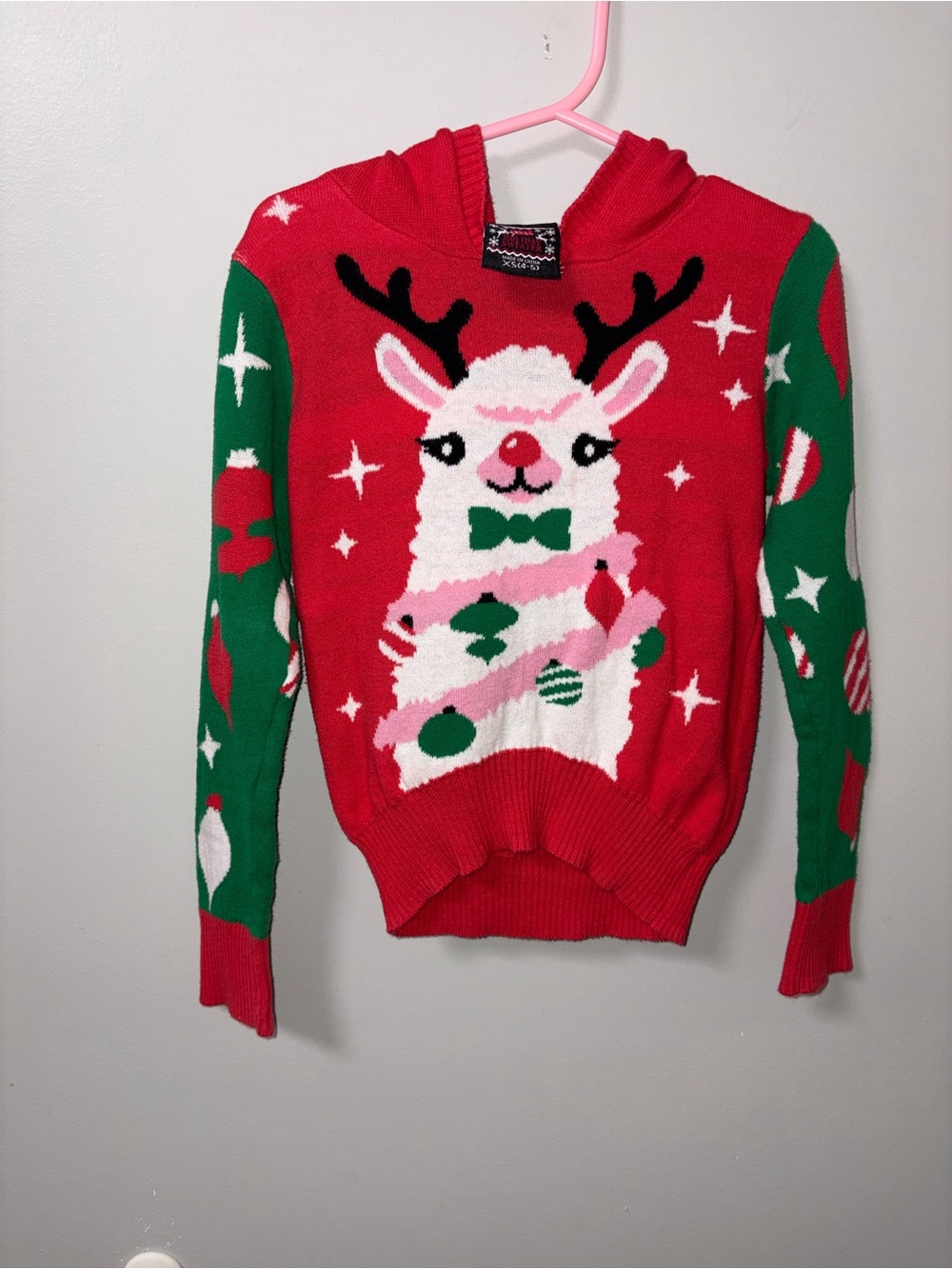 Well Worn Red & Green Llama Christmas Holiday Hooded Sweater XS 4/5